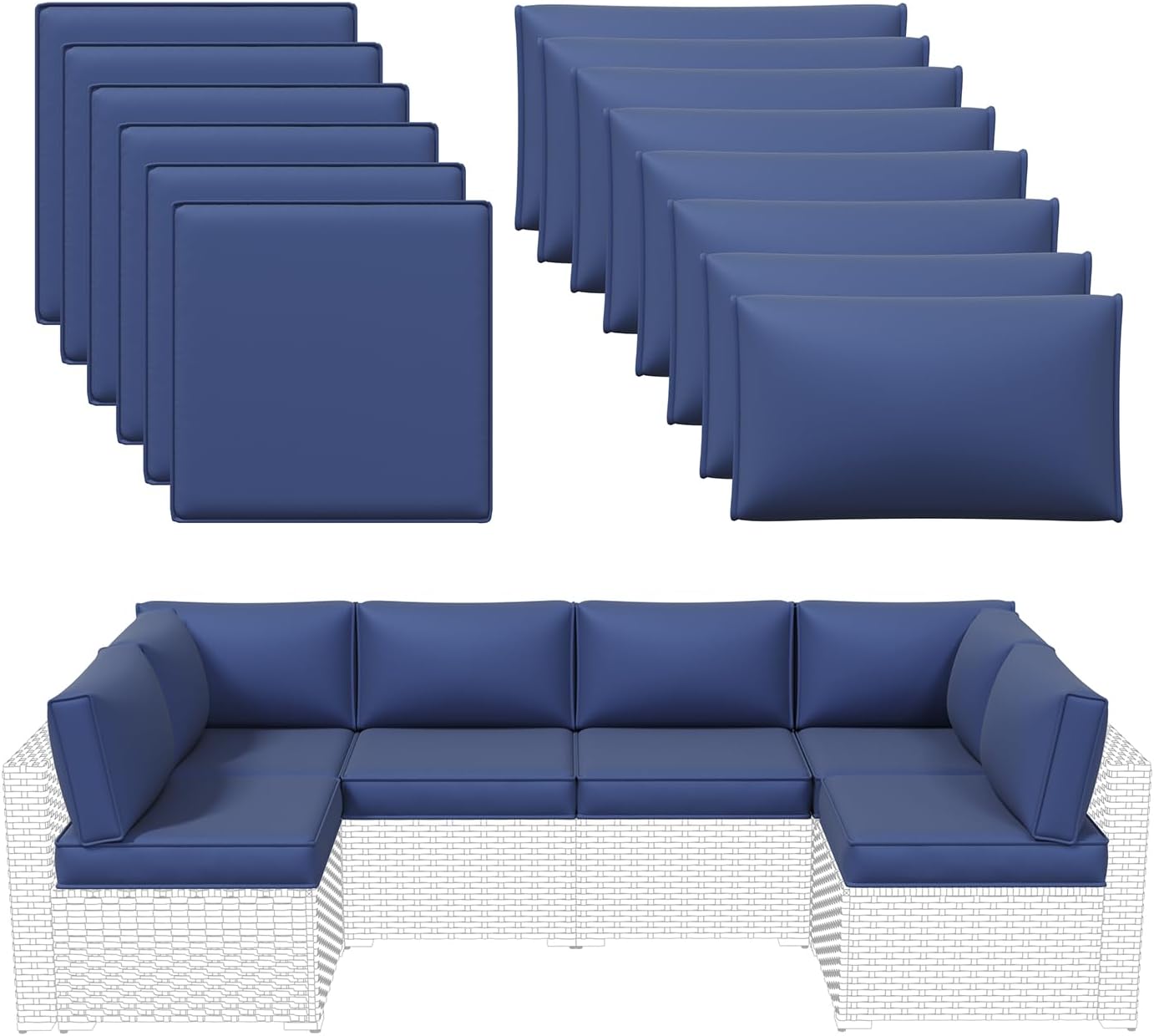 Aoxun Outdoor Replacement Cushions for Patio Furniture, Waterproof Sofa Cushion for 6-Seat Rattan Wicker Sectional Patio Conversation Sets, 14-Piece Cushions Set for L-Shape Couch, Green | Breathable Fabirc, Non-slip Bottom, Removable Cover, Bullhorn Butt