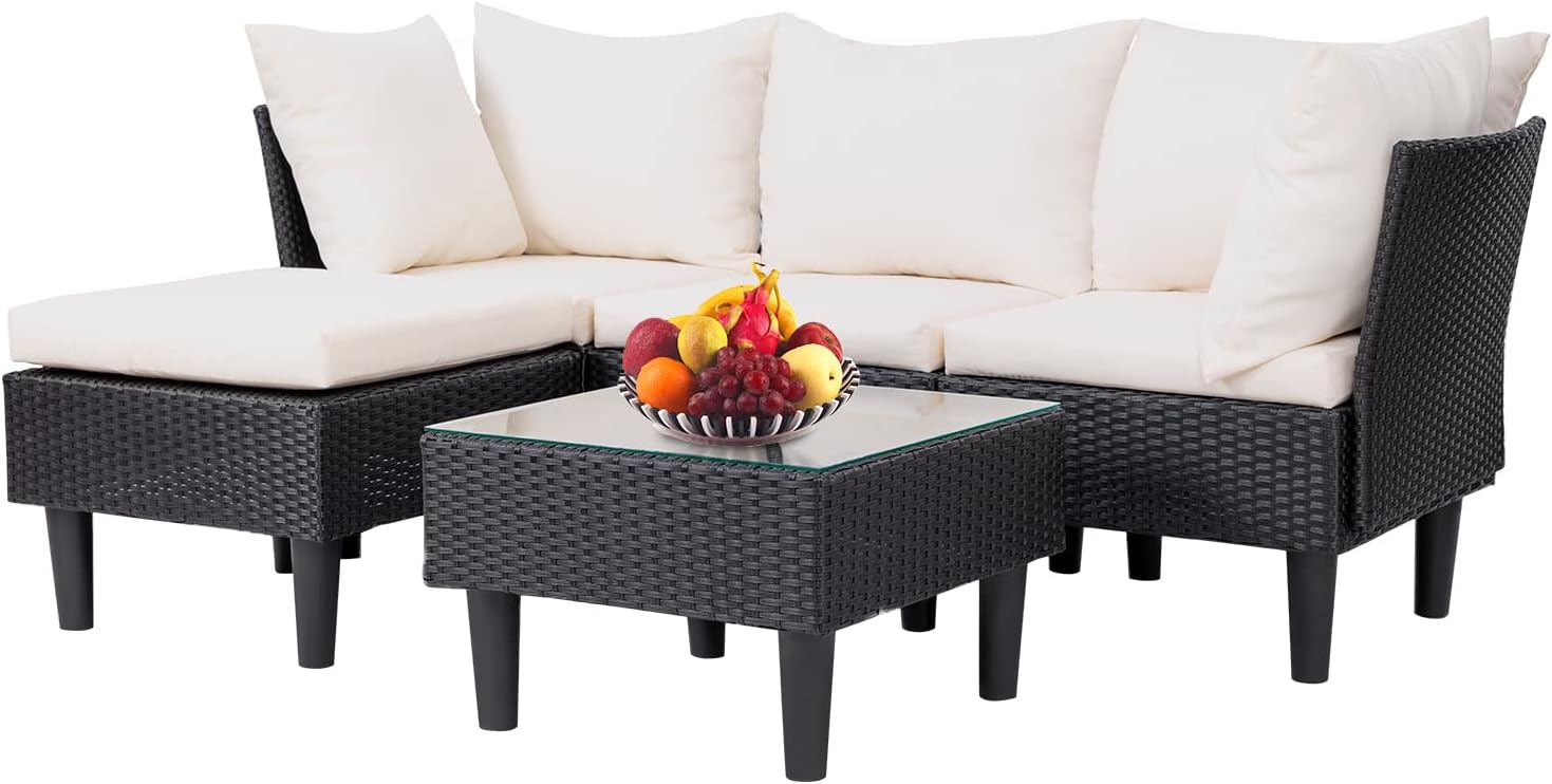 FDW | 4-Piece Patio Furniture Set | Black | Outdoor Wicker Furniture with Coffee Table | Modern Rattan Chairs Conversation Set | Outdoor Seating | Weather-Resistant | for Porch, Garden, Lawn