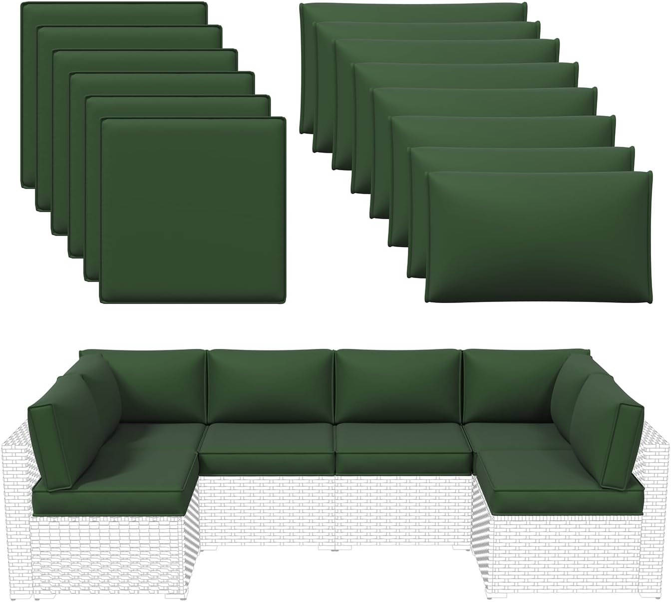 Aoxun Outdoor Replacement Cushions for Patio Furniture, Waterproof Sofa Cushion for 6-Seat Rattan Wicker Sectional Patio Conversation Sets, 14-Piece Cushions Set for L-Shape Couch, Green | Breathable Fabirc, Non-slip Bottom, Removable Cover, Bullhorn Butt