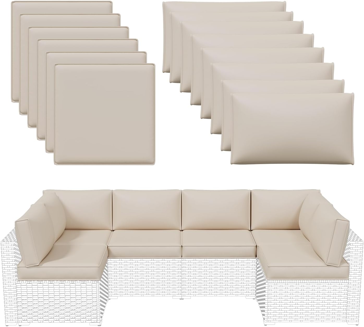 Aoxun Outdoor Replacement Cushions for Patio Furniture, Waterproof Sofa Cushion for 6-Seat Rattan Wicker Sectional Patio Conversation Sets, 14-Piece Cushions Set for L-Shape Couch, Green | Breathable Fabirc, Non-slip Bottom, Removable Cover, Bullhorn Butt