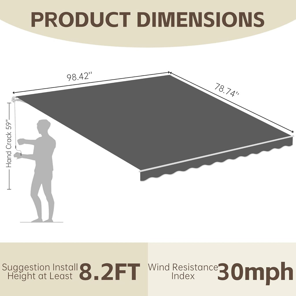 8.2' x 6.5' Awning for Patio, Sunsetter Retractable Awning Waterproof Cover Outdoor Patio Canopy, Sun Shade with Manual Crank Handle, Porch Shades for Outdoor, House, Deck, Dark Gray