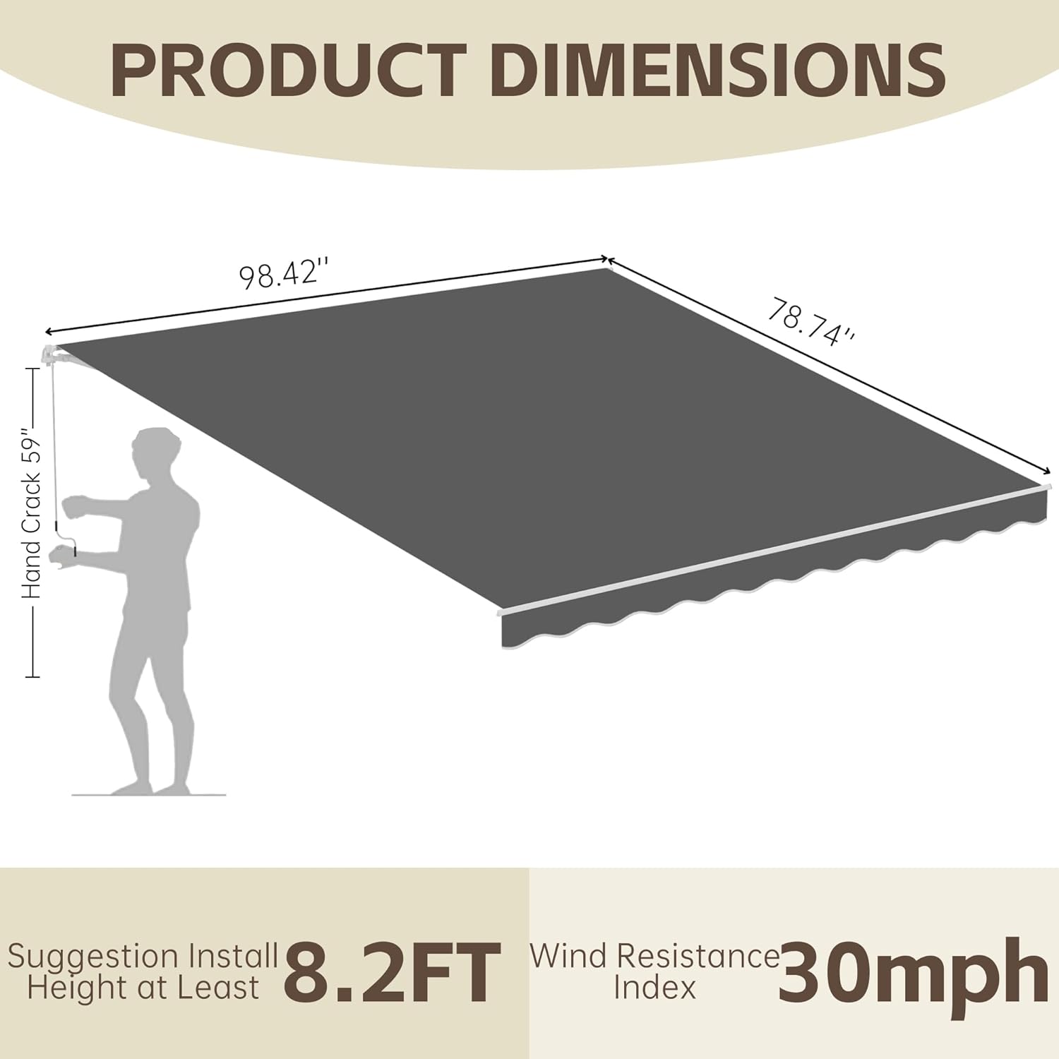 8.2' x 6.5' Awning for Patio, Sunsetter Retractable Awning Waterproof Cover Outdoor Patio Canopy, Sun Shade with Manual Crank Handle, Porch Shades for Outdoor, House, Deck, Dark Gray