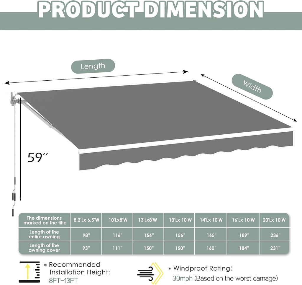 U-MAX Retractable Awning, 10'x8' Manual Awnings for Patio Sun Shade Shelter, Water-Resistant Polyester Cover Outdoor Door Window Awning with Crank Handle for Deck, Home, Backyard, Balcony, Grey