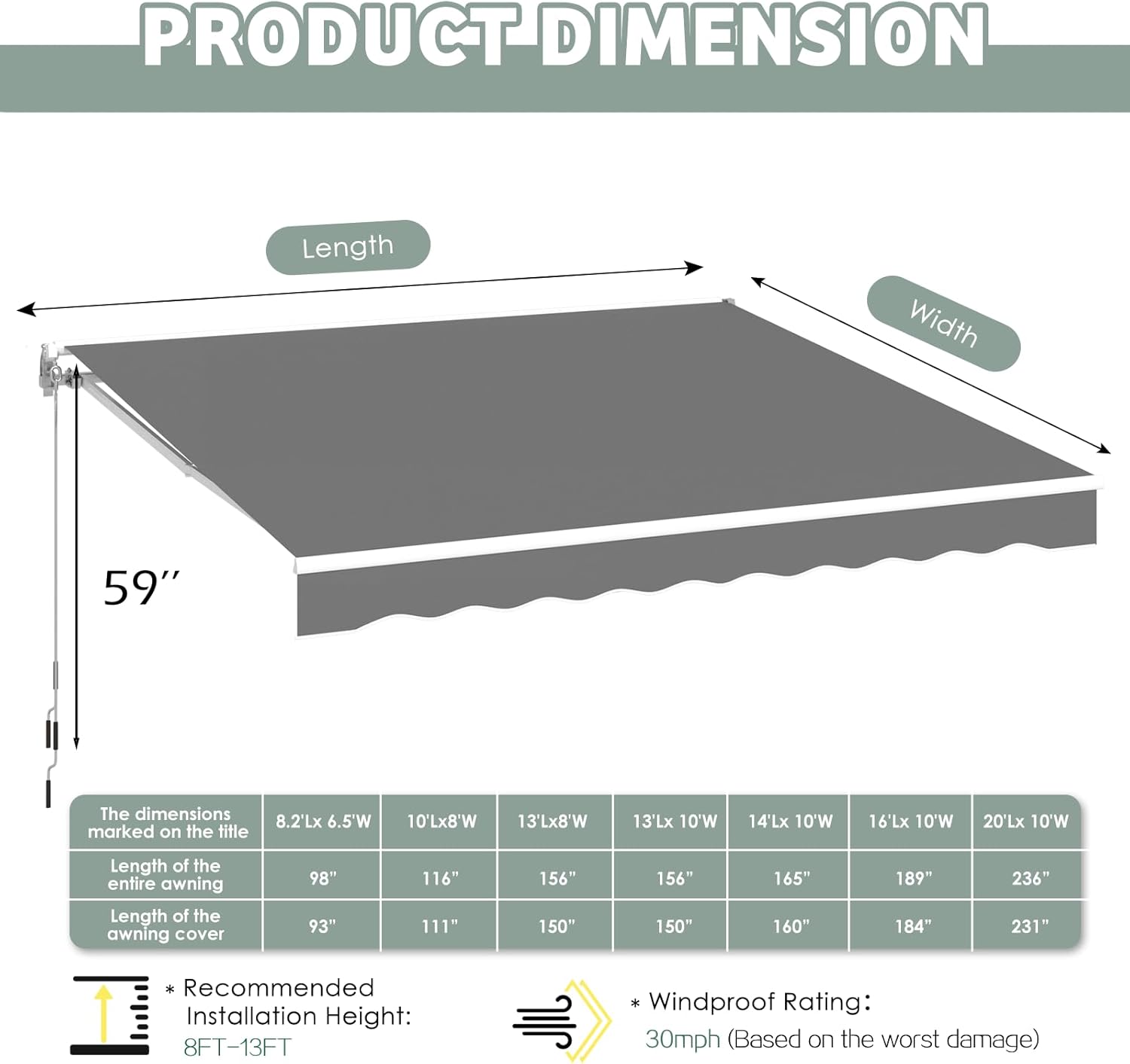 U-MAX Retractable Awning, 10'x8' Manual Awnings for Patio Sun Shade Shelter, Water-Resistant Polyester Cover Outdoor Door Window Awning with Crank Handle for Deck, Home, Backyard, Balcony, Grey