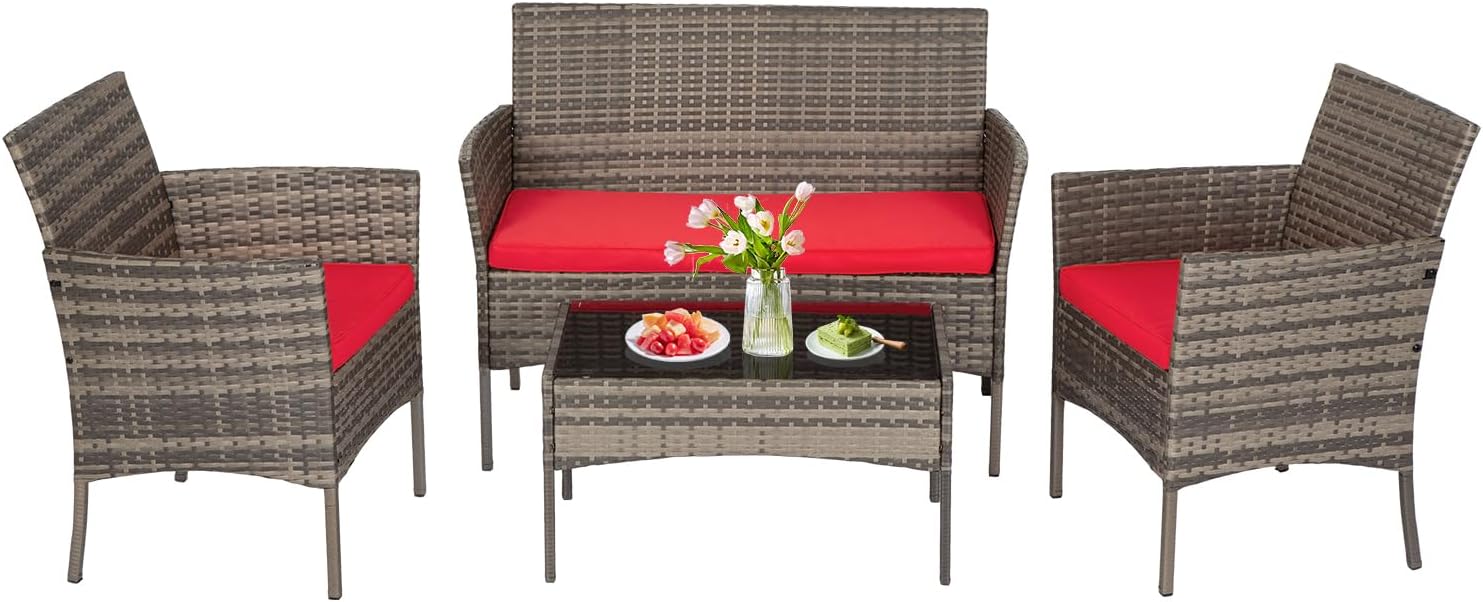 FDW | 4-Piece Patio Furniture Set | Black | Outdoor Wicker Furniture with Coffee Table | Modern Rattan Chairs Conversation Set | Outdoor Seating | Weather-Resistant | for Porch, Garden, Lawn