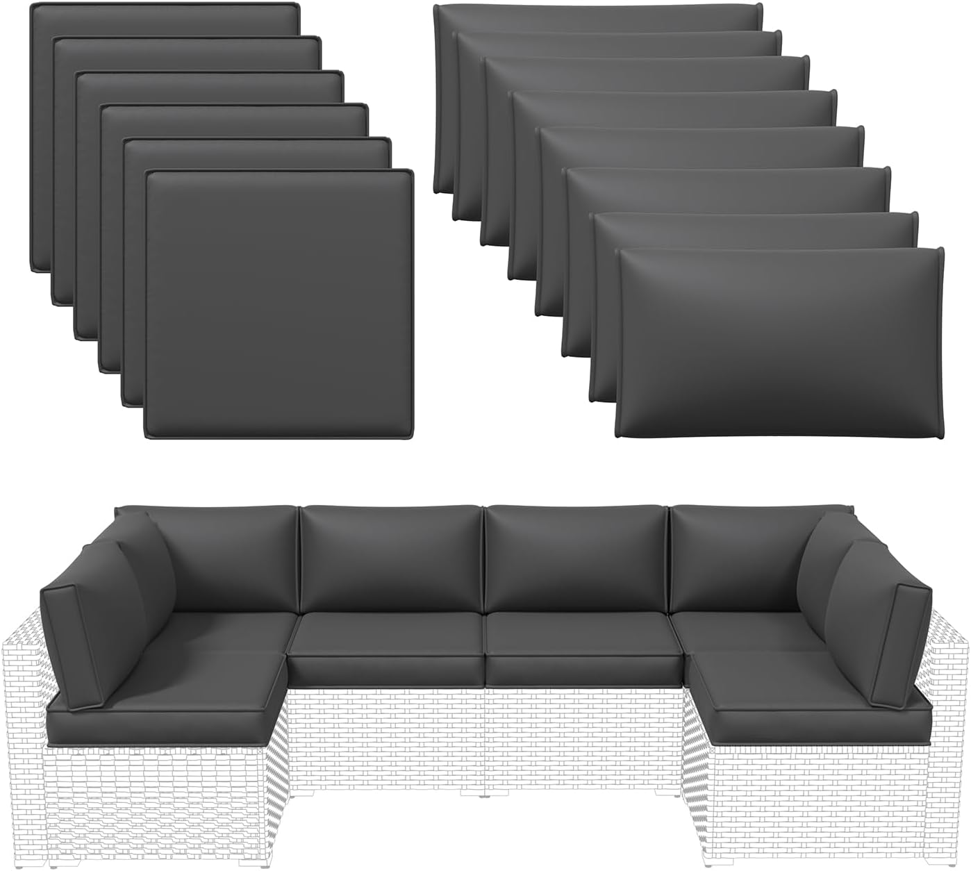 Aoxun Outdoor Replacement Cushions for Patio Furniture, Waterproof Sofa Cushion for 6-Seat Rattan Wicker Sectional Patio Conversation Sets, 14-Piece Cushions Set for L-Shape Couch, Green | Breathable Fabirc, Non-slip Bottom, Removable Cover, Bullhorn Butt