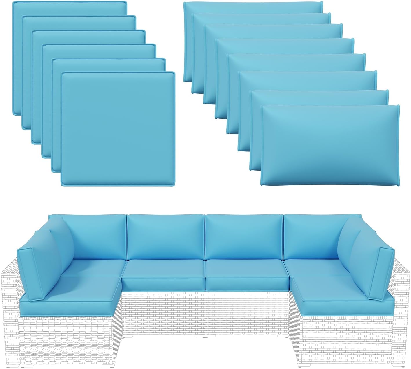 Aoxun Outdoor Replacement Cushions for Patio Furniture, Waterproof Sofa Cushion for 6-Seat Rattan Wicker Sectional Patio Conversation Sets, 14-Piece Cushions Set for L-Shape Couch, Green | Breathable Fabirc, Non-slip Bottom, Removable Cover, Bullhorn Butt