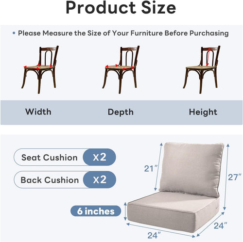 6" Thicker Outdoor Chair Cushion 2 Sets - 24" *24" *6" Waterproof Patio Furniture Cushions with Removable Cover, 28D High Density Sponge Filling Thicken Outdoor Patio Cushions - Beige