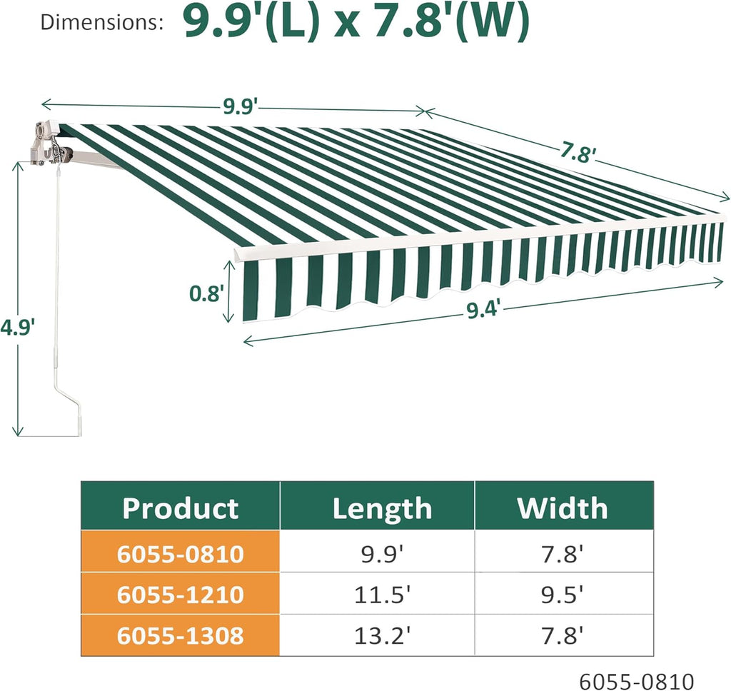 MCombo 9.9x7.8 Feet Manual Retractable Patio Door Window Awning Sunshade Shelter Outdoor Canopy,0810 (Green with White Stripes, 9.9'(L) x 7.8'(W))