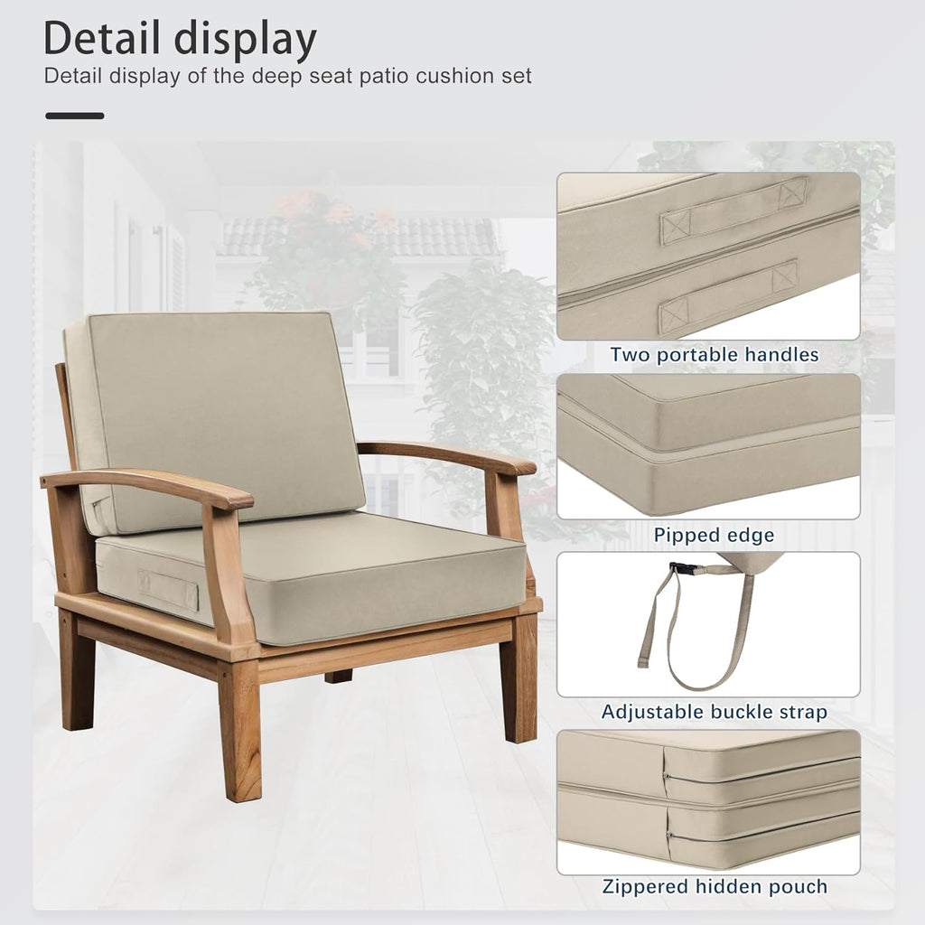 Favoyard Deep Seat Patio Cushion Set 24 x 24 Inch Waterproof Outdoor Chair Cushions for Patio Furniture with Fade Resistant and Removable Cover with Handle & Adjustable Straps for Patio, Yard, Garden