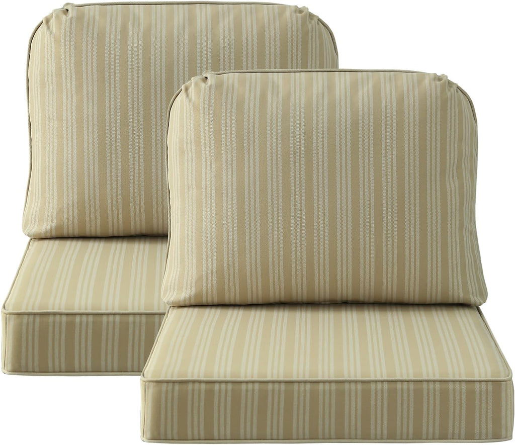 Outdoor Cushions for Patio Furniture Set of 2, 24"x24" Water Repellent Chair Cushions Removable Seat Bottom & Back Cushion Covers for Chair, Sofa, Couch, Beige Brown Stripe