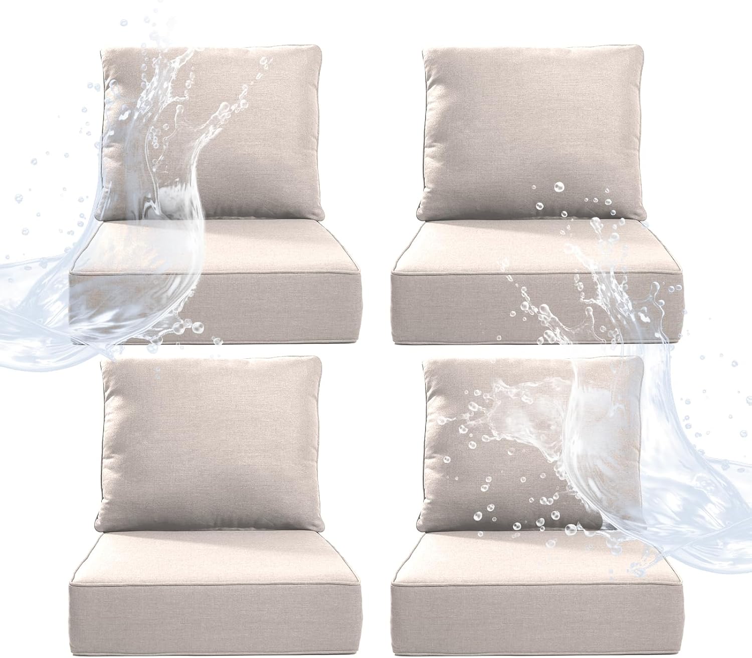 6" Thicker Outdoor Chair Cushion 5 Sets - 24" *24" *6" Waterproof Patio Furniture Cushions with Removable Cover, 28D High Density Sponge Filling Thicken Outdoor Patio Cushions - Beige