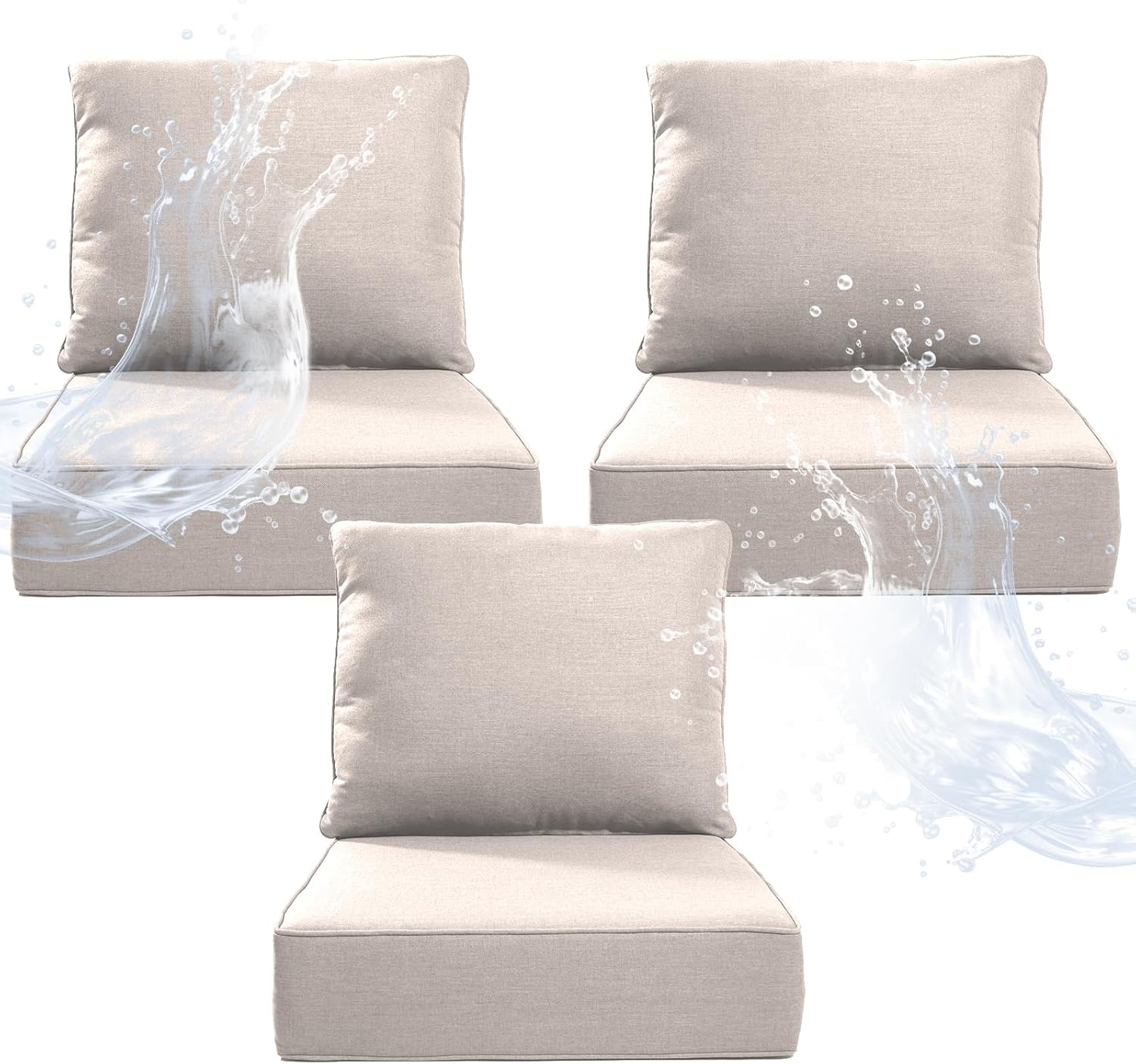 6" Thicker Outdoor Chair Cushion 5 Sets - 24" *24" *6" Waterproof Patio Furniture Cushions with Removable Cover, 28D High Density Sponge Filling Thicken Outdoor Patio Cushions - Beige