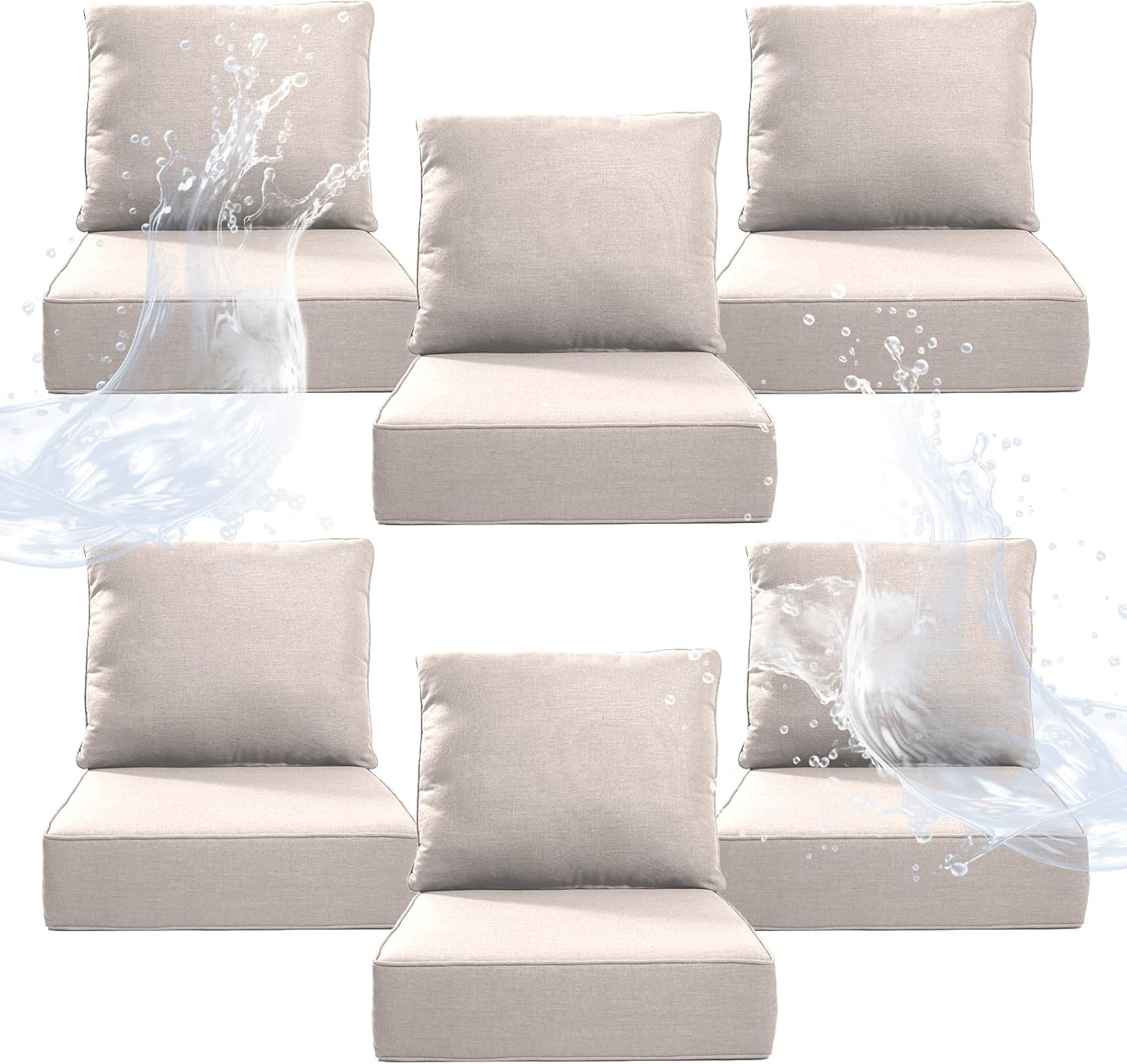 6" Thicker Outdoor Chair Cushion 2 Sets - 24" *24" *6" Waterproof Patio Furniture Cushions with Removable Cover, 28D High Density Sponge Filling Thicken Outdoor Patio Cushions - Beige