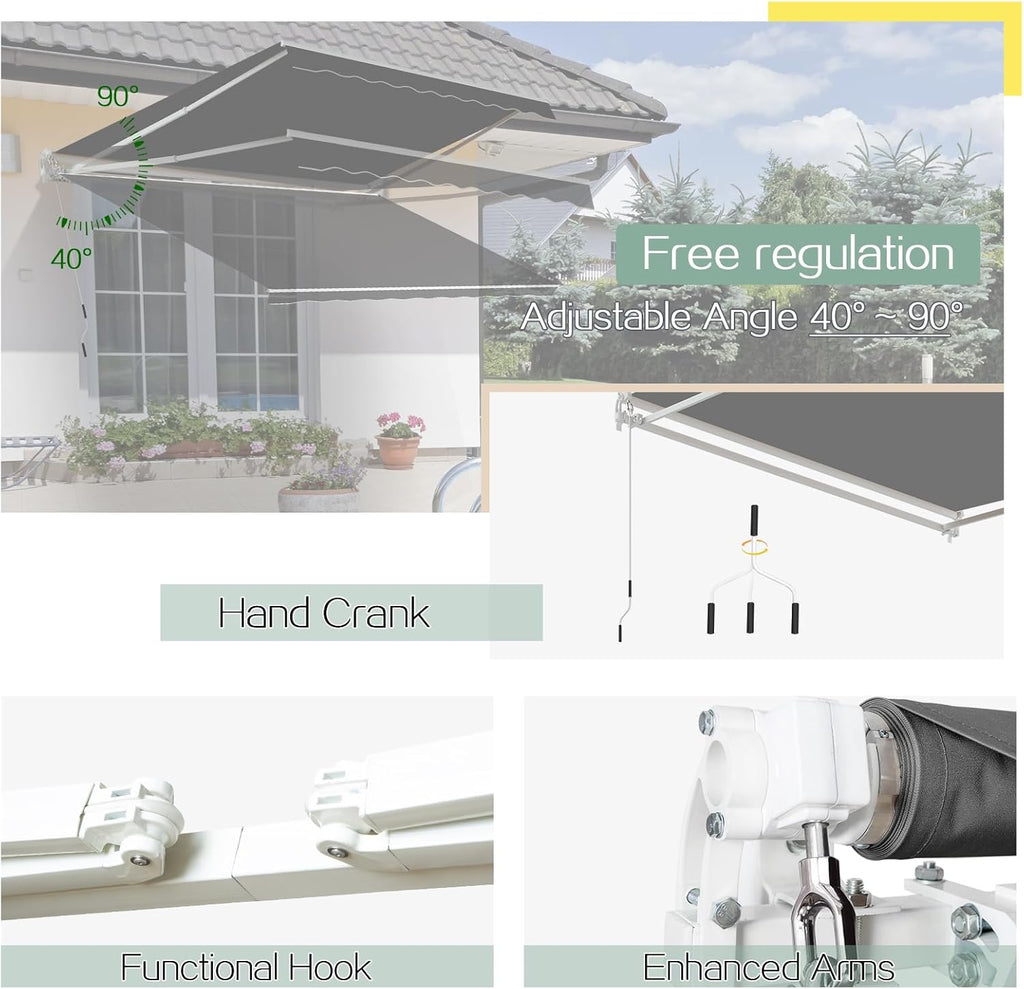 U-MAX Retractable Awning, 10'x8' Manual Awnings for Patio Sun Shade Shelter, Water-Resistant Polyester Cover Outdoor Door Window Awning with Crank Handle for Deck, Home, Backyard, Balcony, Grey