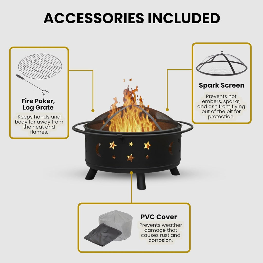 Fire Pit - 32-Inch Outdoor Wood Burning Firepit with Screen, Poker, and Cover - Outdoor Fire Pits for Backyard, Deck, or Patio by Pure Garden (Black)