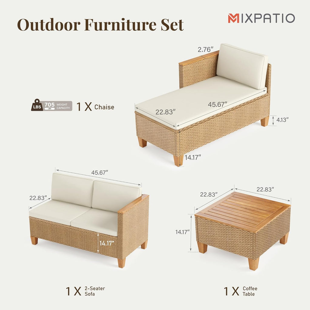 Wicker Outdoor Patio Furniture Set 3 Pieces Patio Chaise Longue Conversation Set, Rattan L-Shaped Sofa Couch with Acacia Wood Coffee Table for Deck Porch and Garden