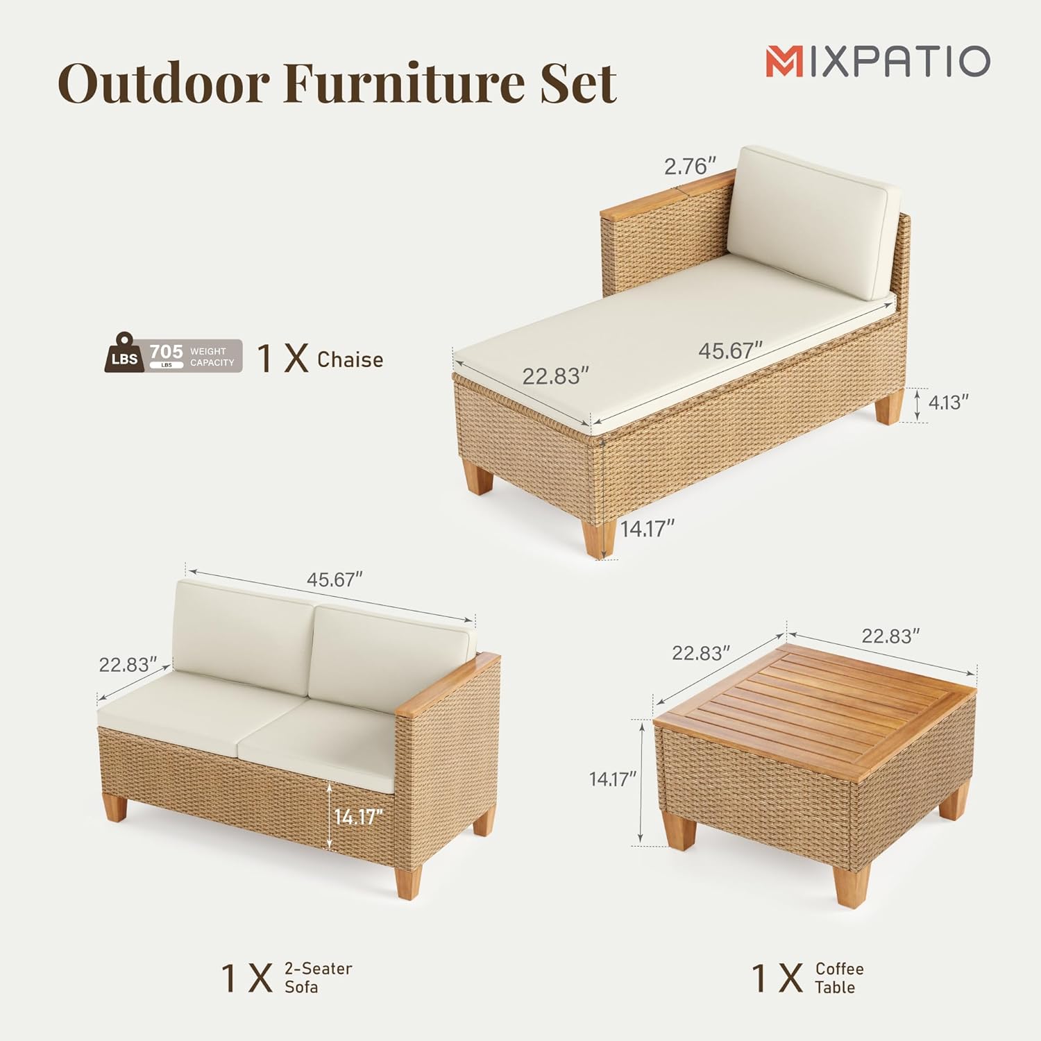 Wicker Outdoor Patio Furniture Set 3 Pieces Patio Chaise Longue Conversation Set, Rattan L-Shaped Sofa Couch with Acacia Wood Coffee Table for Deck Porch and Garden