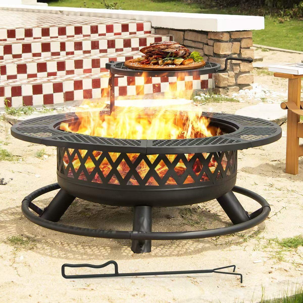 36 Inch Fire Pit with Grill,Wood Burning Fire Pits for Outside with Lid& Fire Poker,Round Metal Firepit Table 3 in 1 with Cooking Grate,Outdoor Firepits for Yard Patio Bonfire Camping(Black)