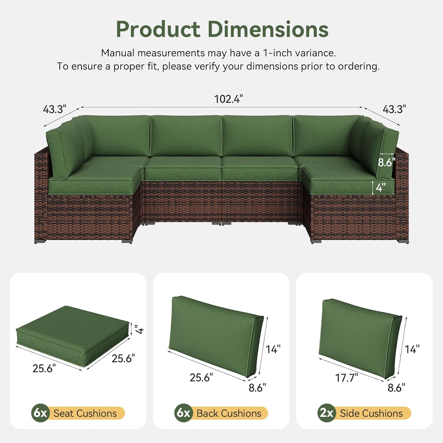 Aoxun Outdoor Replacement Cushions for Patio Furniture, Waterproof Sofa Cushion for 6-Seat Rattan Wicker Sectional Patio Conversation Sets, 14-Piece Cushions Set for L-Shape Couch, Green | Breathable Fabirc, Non-slip Bottom, Removable Cover, Bullhorn Butt