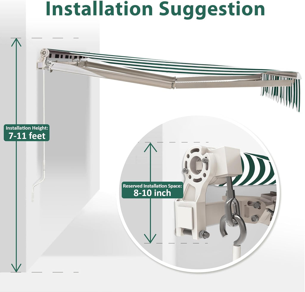 MCombo 9.9x7.8 Feet Manual Retractable Patio Door Window Awning Sunshade Shelter Outdoor Canopy,0810 (Green with White Stripes, 9.9'(L) x 7.8'(W))
