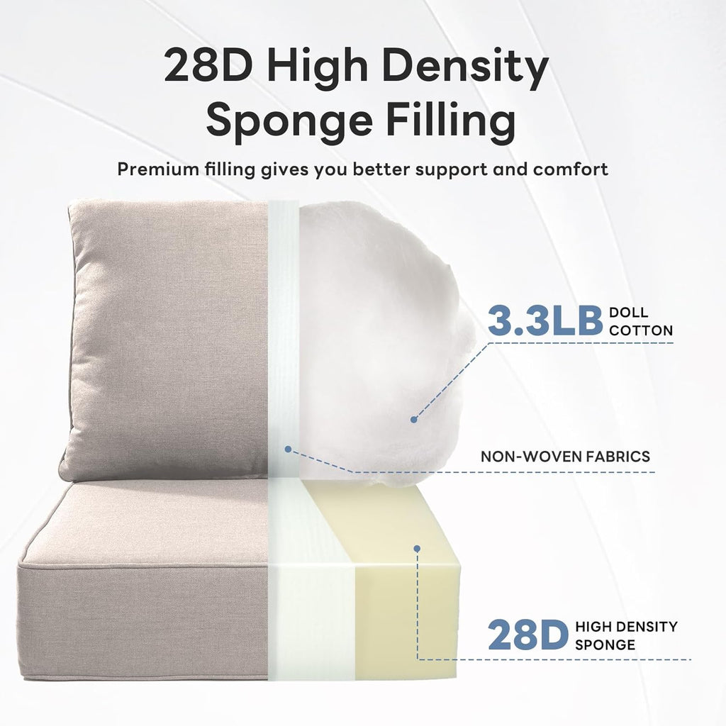 6" Thicker Outdoor Chair Cushion 5 Sets - 24" *24" *6" Waterproof Patio Furniture Cushions with Removable Cover, 28D High Density Sponge Filling Thicken Outdoor Patio Cushions - Beige