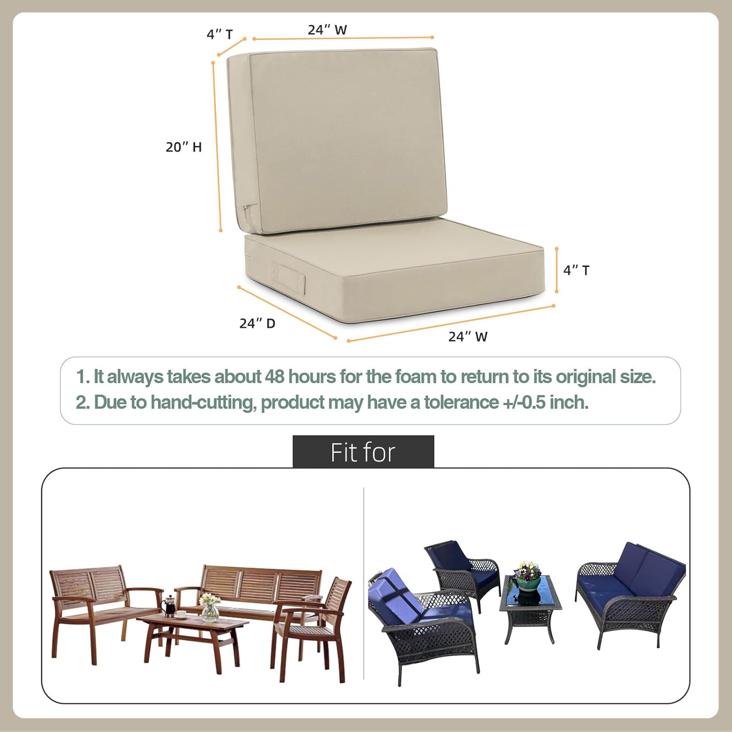 Favoyard Deep Seat Patio Cushion Set 24 x 24 Inch Waterproof Outdoor Chair Cushions for Patio Furniture with Fade Resistant and Removable Cover with Handle & Adjustable Straps for Patio, Yard, Garden