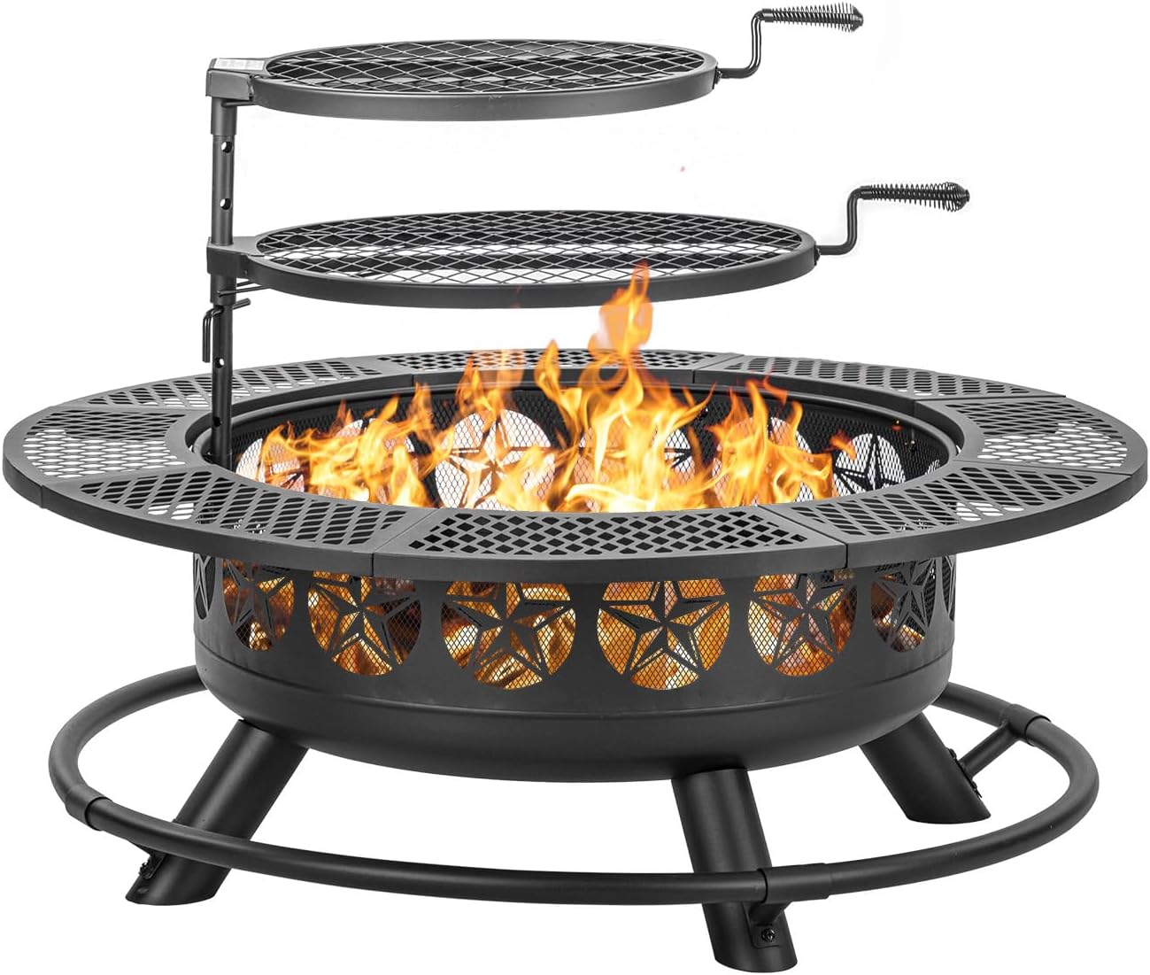 47 Inch Outdoor Fire Pit with 2 Grills, Extra Large BBQ Firepits for Outside, Metal Round Fire pits with Lid&Fire Poker,3 in 1 Wood Burning Outdoor Fireplaces for Backyard,Patio,Bonfire