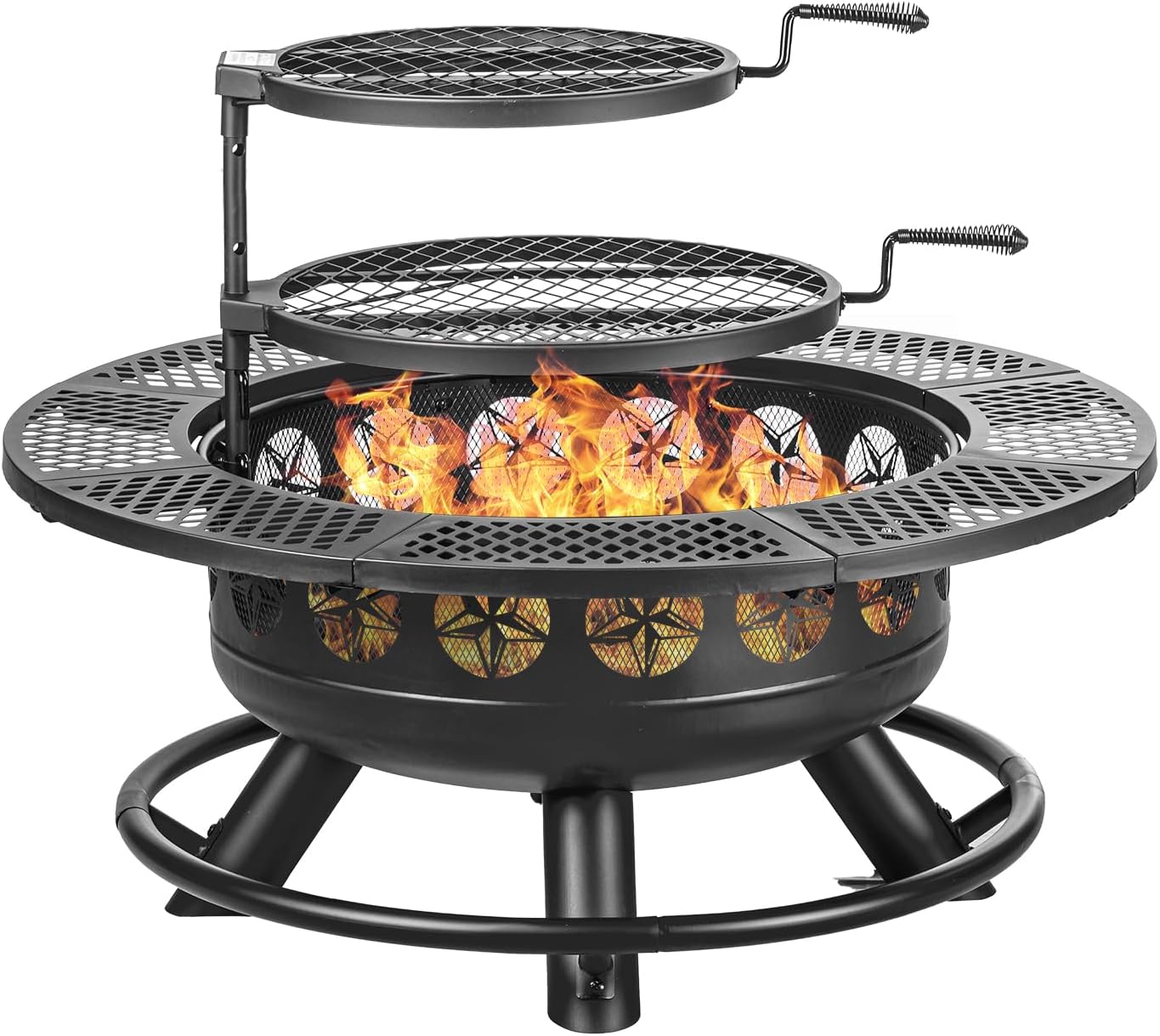 47 Inch Outdoor Fire Pit with 2 Grills, Extra Large BBQ Firepits for Outside, Metal Round Fire pits with Lid&Fire Poker,3 in 1 Wood Burning Outdoor Fireplaces for Backyard,Patio,Bonfire