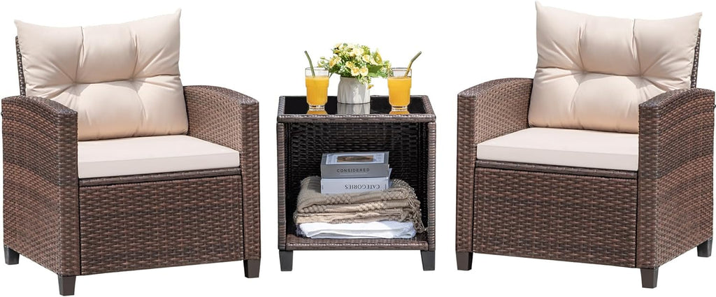 Devoko 3 Pieces Patio Furniture Set, PE Rattan Wicker Patio Set with Two Outdoor Chairs and Table, Upgraded Patio Chairs and Table for Porch, Garden Poolside Balcony