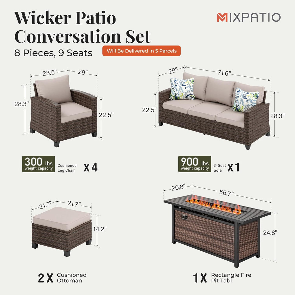 Patio Furniture Set, 8 Pcs Wicker Rattan Outdoor Conversation Set, 4 x Leg Chairs, 1 x 3 Seater Sofa and 2 x Ottoman with 4" Thick Cushion and 56" Fire Pit Table, Beige