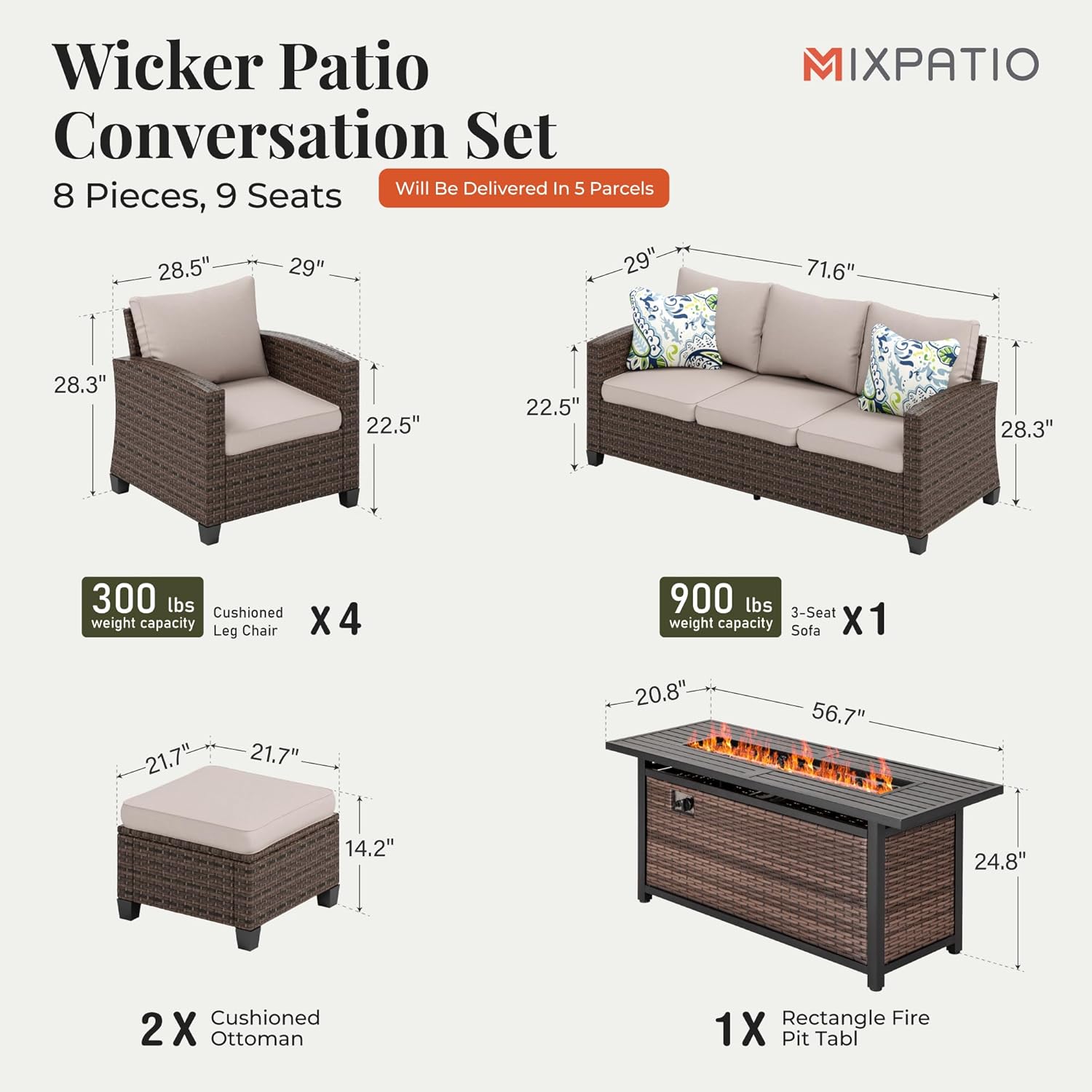 Patio Furniture Set, 8 Pcs Wicker Rattan Outdoor Conversation Set, 4 x Leg Chairs, 1 x 3 Seater Sofa and 2 x Ottoman with 4" Thick Cushion and 56" Fire Pit Table, Beige