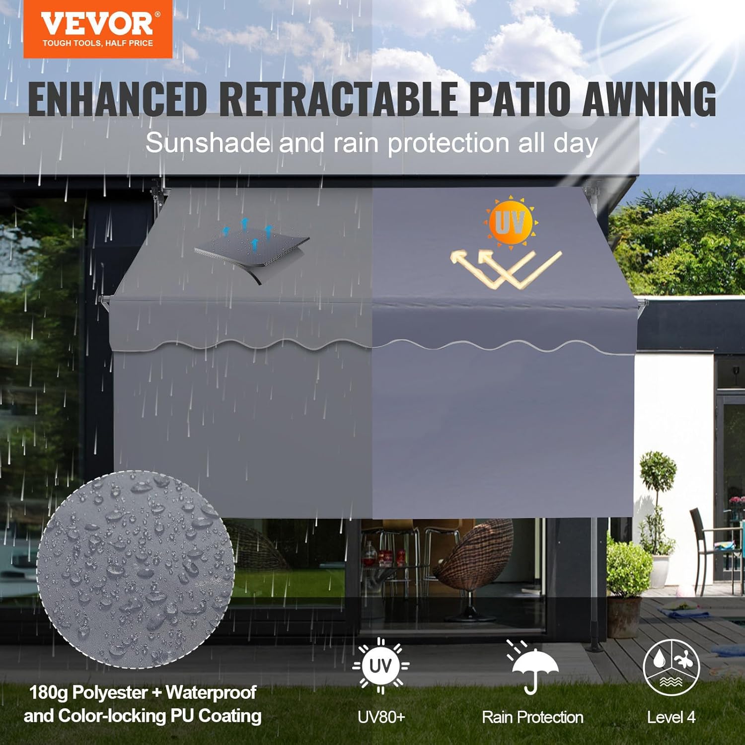 VEVOR Manual Retractable Awning, 78" Outdoor Retractable Patio Awning Sunshade Shelter, Adjustable Patio Door Window Awning Canopy with 39" Sun Shade Curtain for Backyard, Garden, Balcony, Dark Gray
