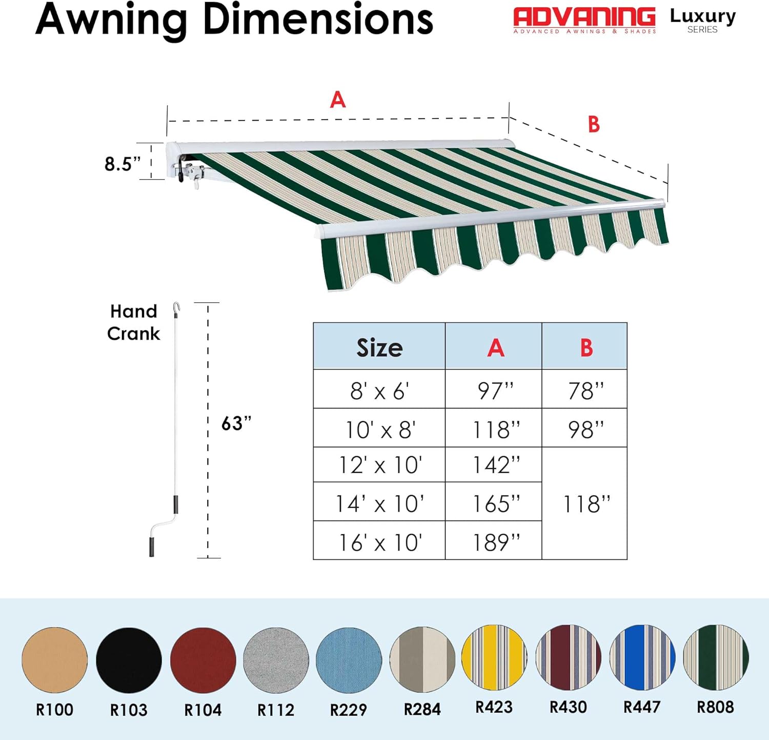 ADVANING 16'x10' Motorized Patio Retractable Awning | Luxury Series | Premium Quality, 100% Solution-Dyed European Acrylic UV Sun Shade, Color: Garden Green Stripes, EA1610-A808H2