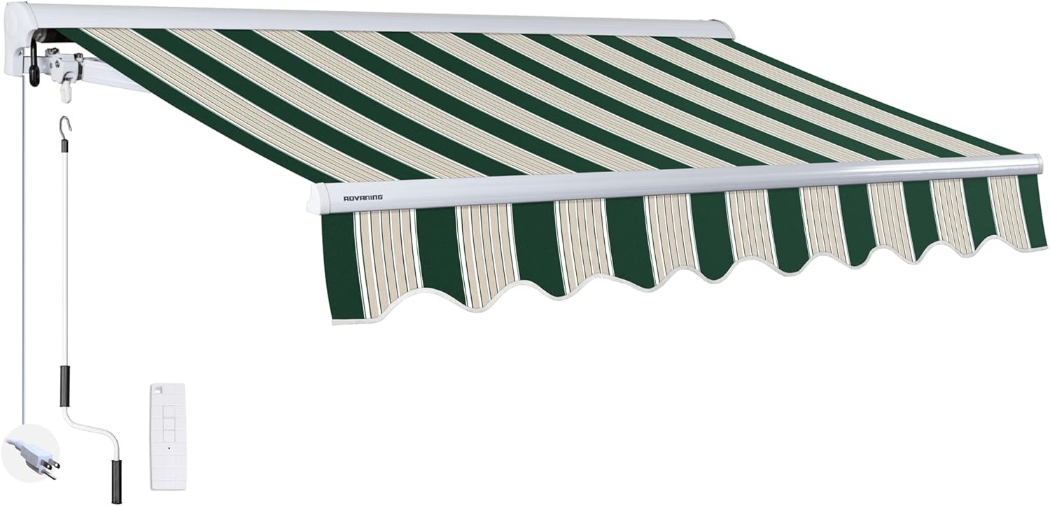 ADVANING 16'x10' Motorized Patio Retractable Awning | Luxury Series | Premium Quality, 100% Solution-Dyed European Acrylic UV Sun Shade, Color: Garden Green Stripes, EA1610-A808H2