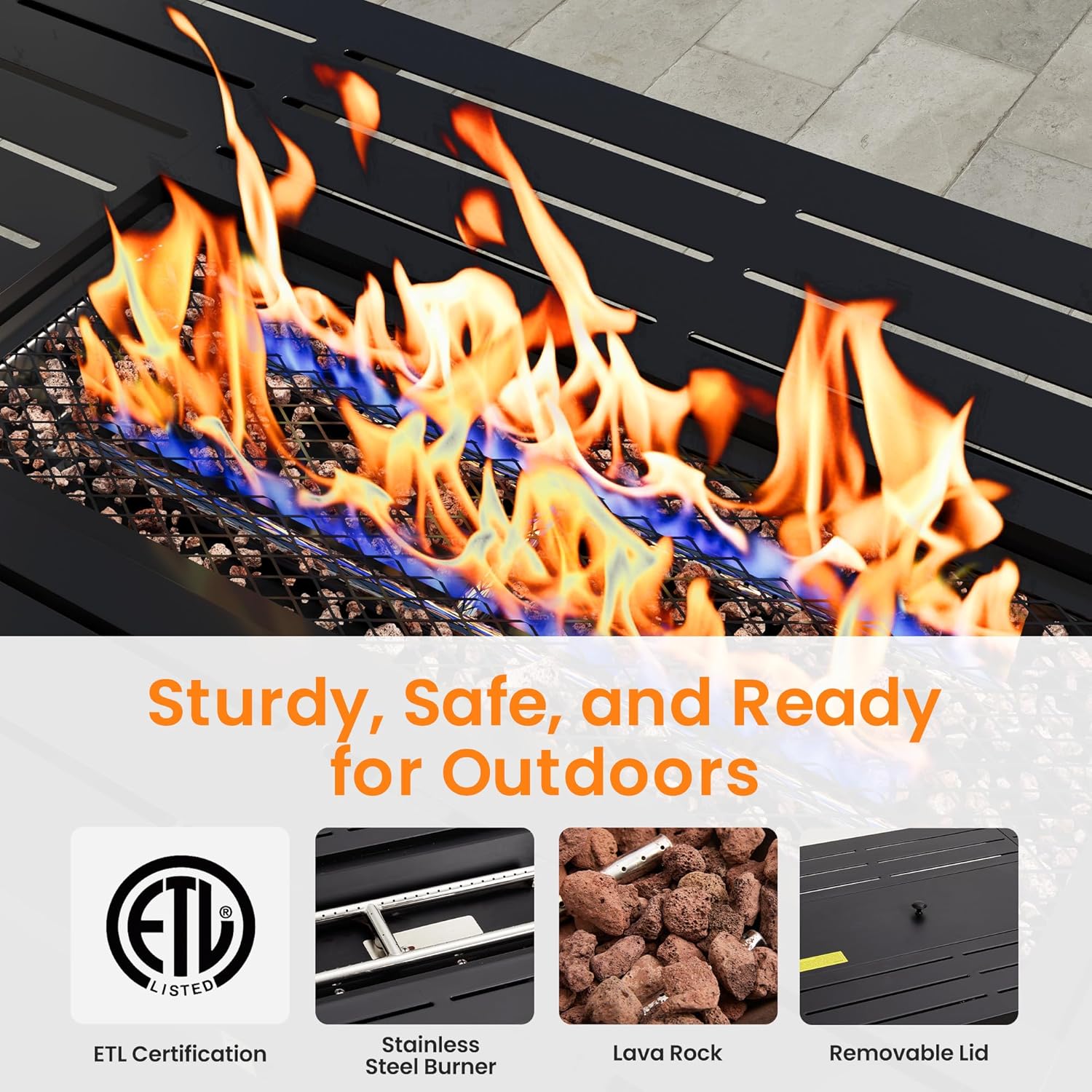 Royalcraft 43” Outdoor Propane Fire Table Set with Heavy-Duty Glass Stones, Glass Wind Guard, Lid & Water-Resistant Cover, 50,000 BTU Metal Fire Pit Table, Rectangle Fire Pit Table for Patio, Deck