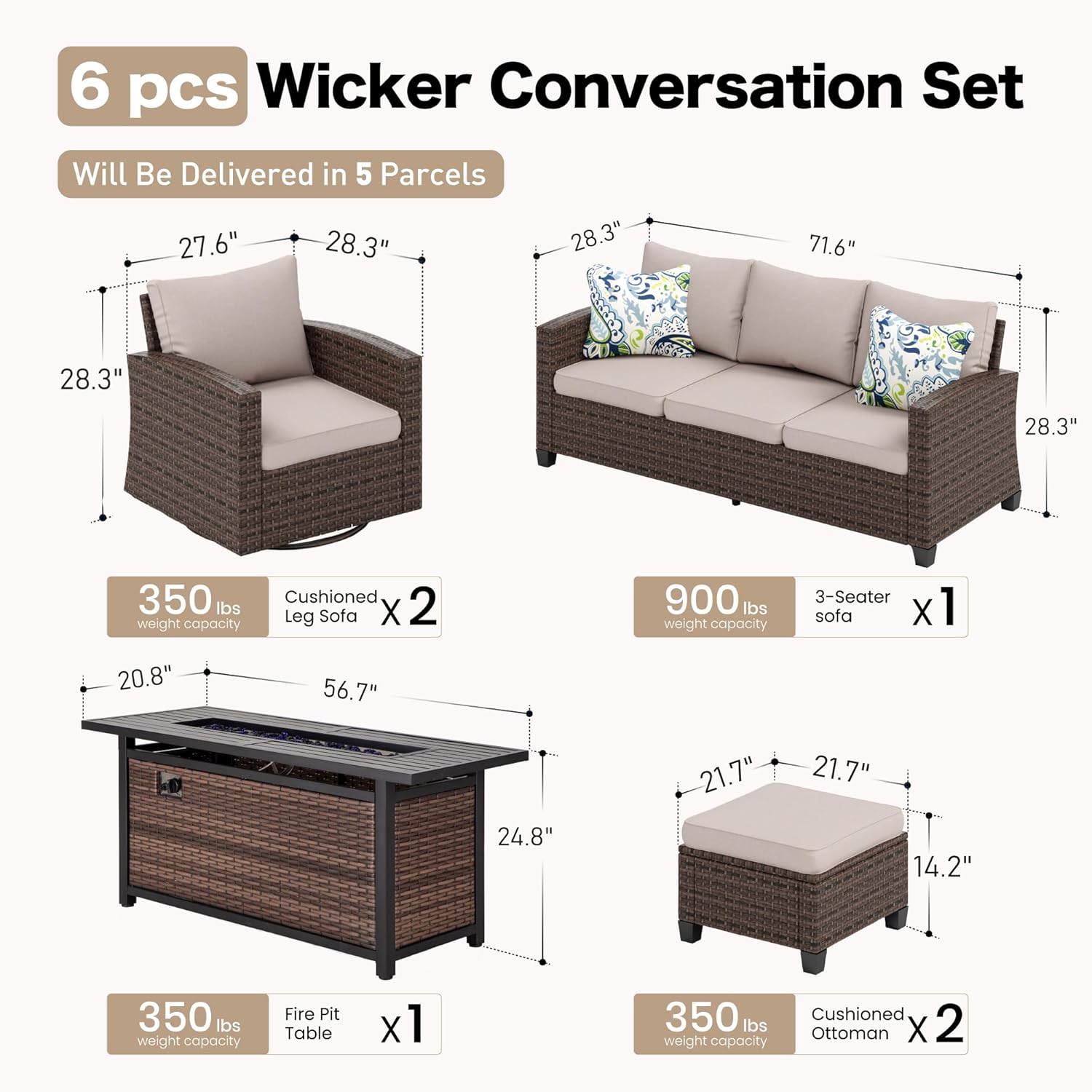 Swivel Glider Patio Furniture Set Outdoor Furniture Brown Wicker Rattan Patio Conversation Sets with Cushion Outside Sofa Set,5 Pieces with Rectangular Firepit Table,7 Seats,Beige