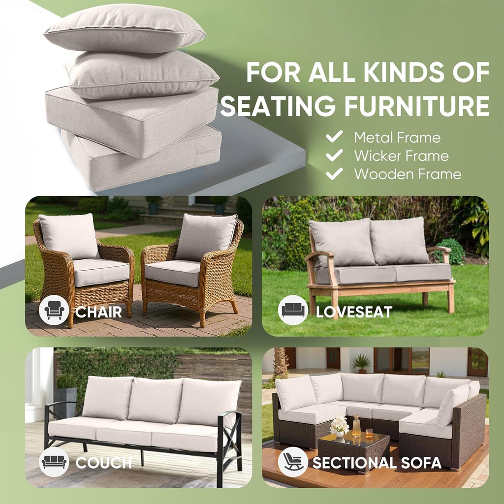 Outdoor Chair Cushions Set of 3, Waterproof 24x24 Patio Chair Cushion, 6" Thickened Seat Cushion for Outdoor Furniture, Couch Cushion Replacement, Include 3 Back & 3 Seat Cushions, Thick/Beige
