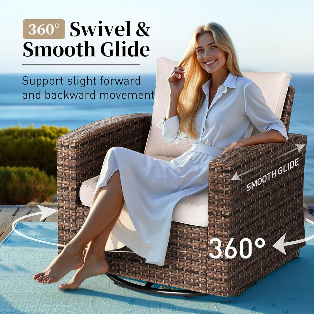 Swivel Glider Patio Furniture Set Outdoor Furniture Brown Wicker Rattan Patio Conversation Sets with Cushion Outside Sofa Set,5 Pieces with Rectangular Firepit Table,7 Seats,Beige