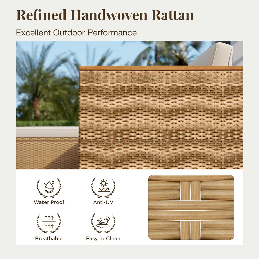 Wicker Outdoor Patio Furniture Set 3 Pieces Patio Chaise Longue Conversation Set, Rattan L-Shaped Sofa Couch with Acacia Wood Coffee Table for Deck Porch and Garden