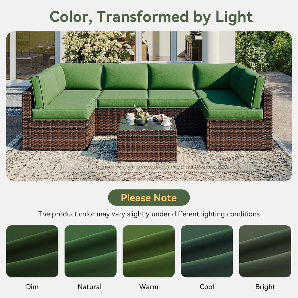 Aoxun Outdoor Replacement Cushions for Patio Furniture, Waterproof Sofa Cushion for 6-Seat Rattan Wicker Sectional Patio Conversation Sets, 14-Piece Cushions Set for L-Shape Couch, Green | Breathable Fabirc, Non-slip Bottom, Removable Cover, Bullhorn Butt