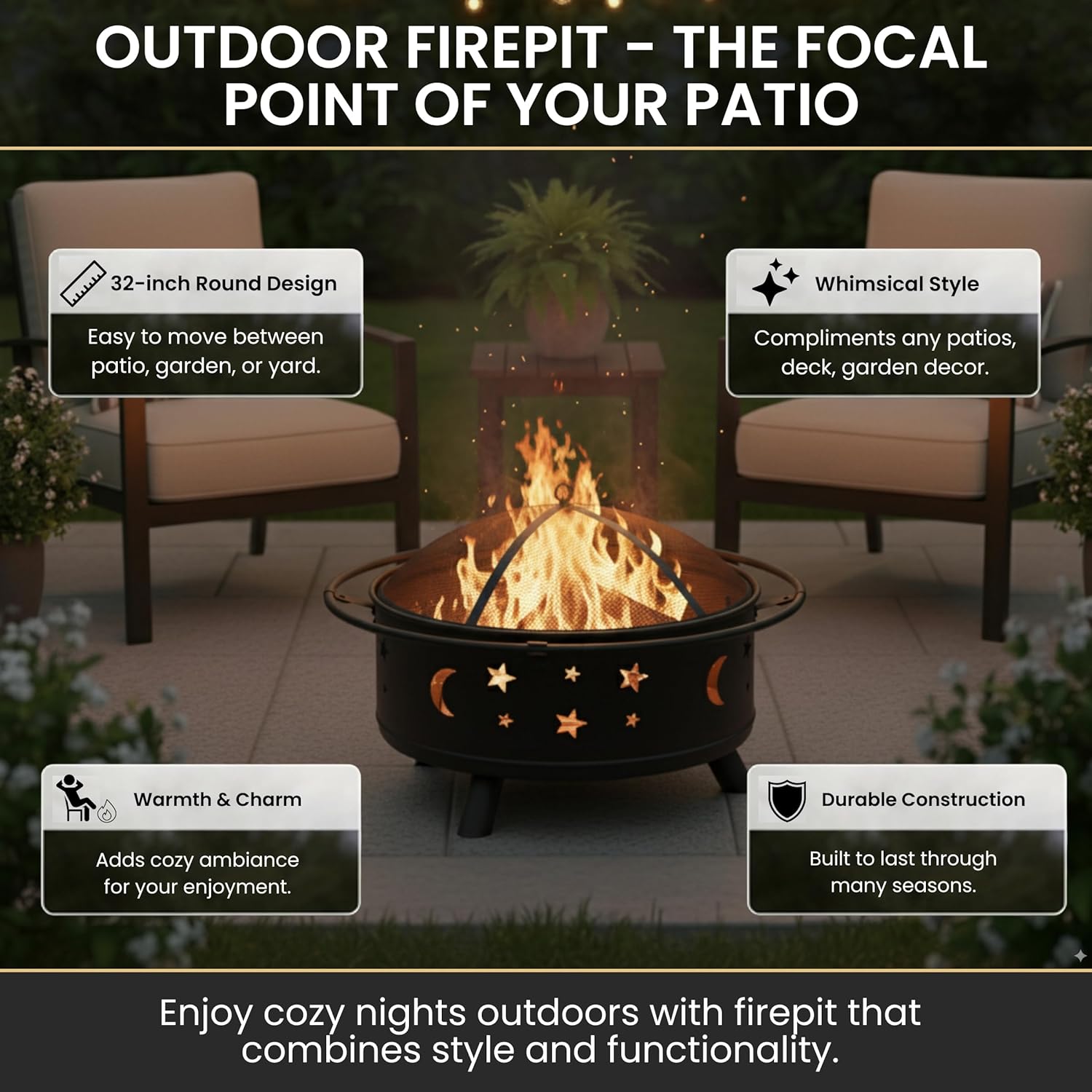 Fire Pit - 32-Inch Outdoor Wood Burning Firepit with Screen, Poker, and Cover - Outdoor Fire Pits for Backyard, Deck, or Patio by Pure Garden (Black)
