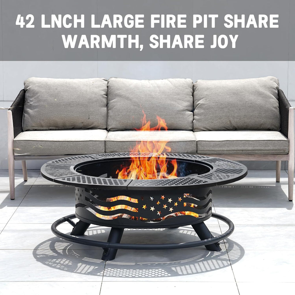 42 Inch Fire Pit with 2 Cooking Grates, Outdoor Wood Burning BBQ Grill Firepit Bowl with Cover Lid, Steel Round Table for Backyard Bonfire Patio Picnic (Black, 42)