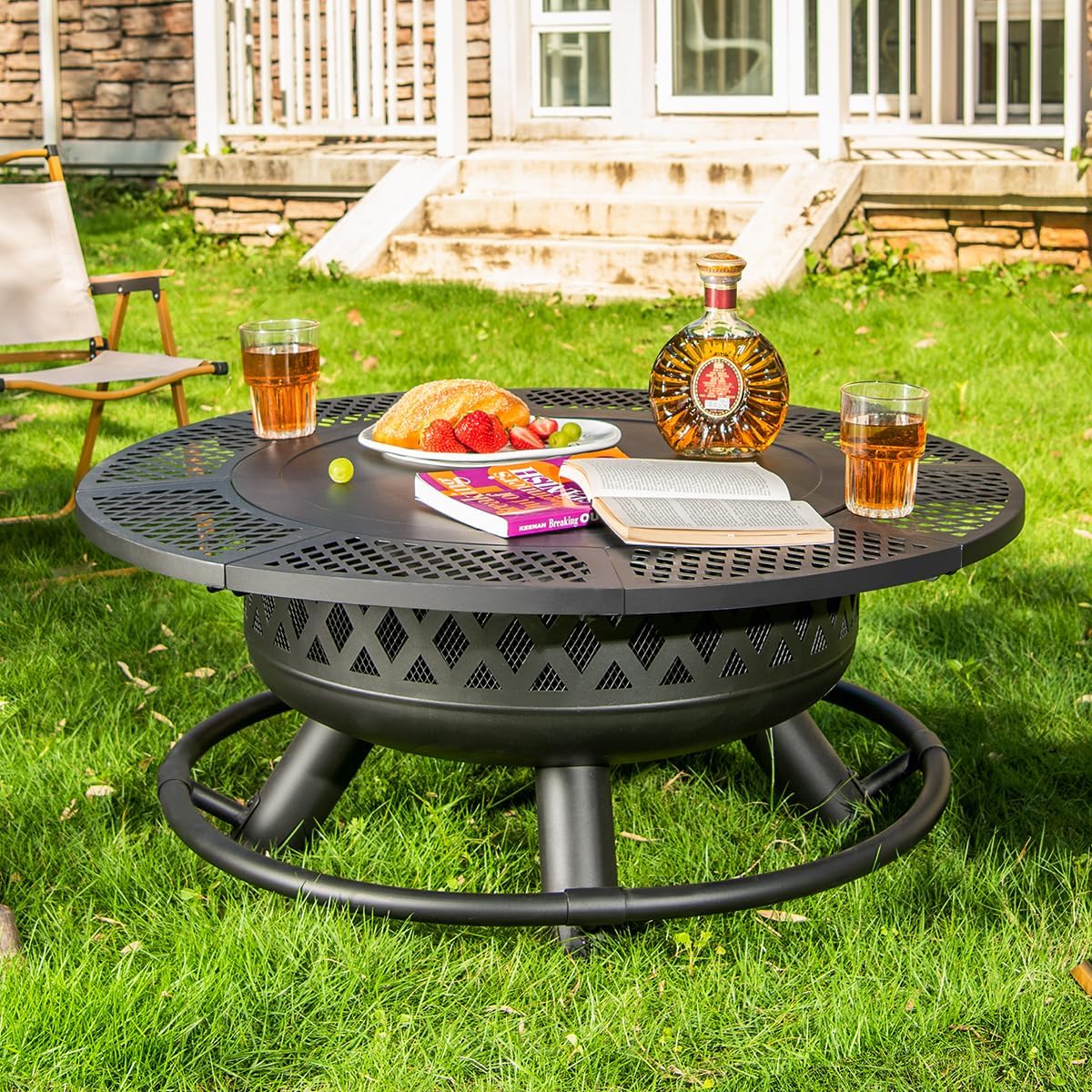 36 Inch Fire Pit with Grill,Wood Burning Fire Pits for Outside with Lid& Fire Poker,Round Metal Firepit Table 3 in 1 with Cooking Grate,Outdoor Firepits for Yard Patio Bonfire Camping(Black)