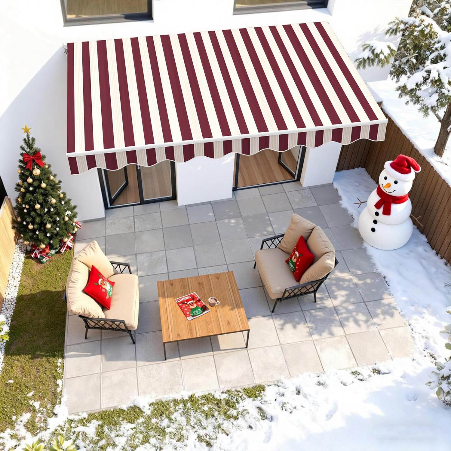 MCombo 9.9x7.8 Feet Manual Retractable Patio Door Window Awning Sunshade Shelter Outdoor Canopy,0810 (Brick Red with Beige Stripes, 9.9'(L) x 7.8'(W))