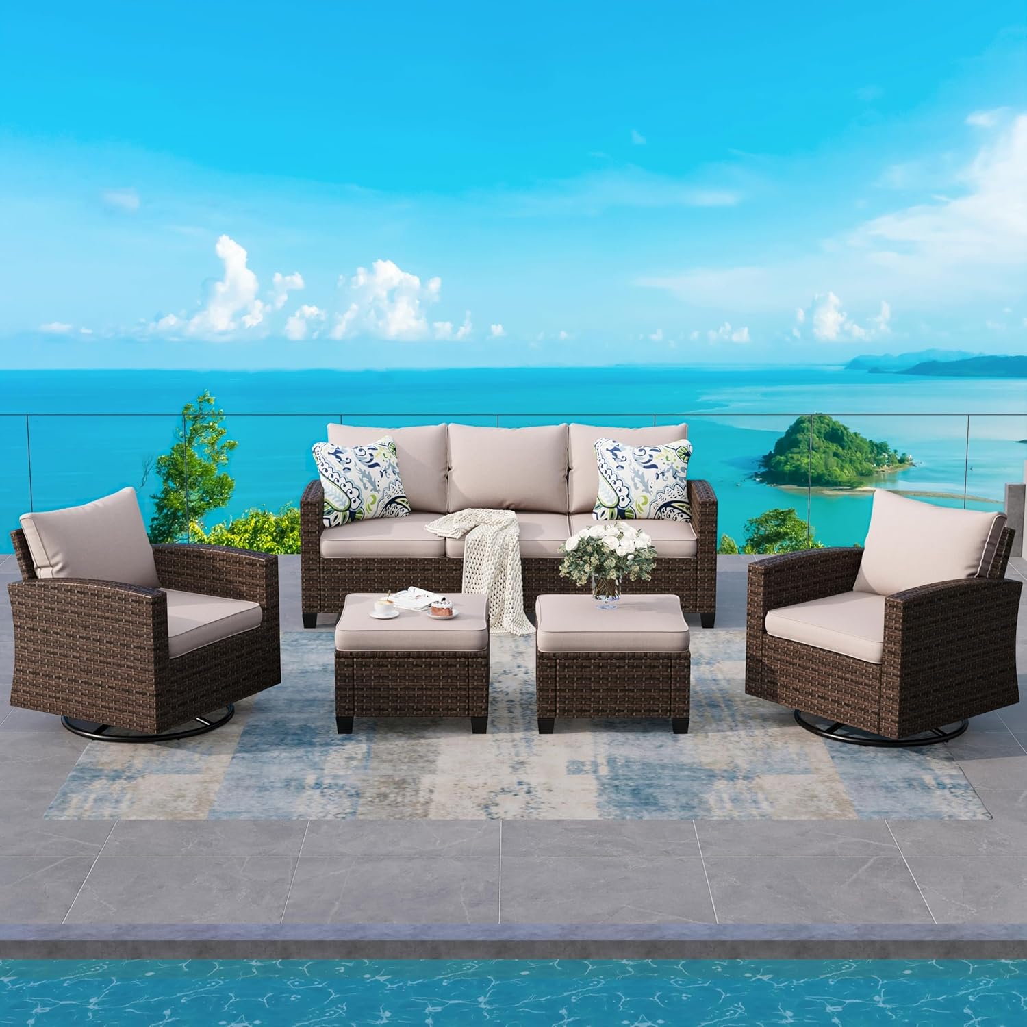 Swivel Glider Patio Furniture Set Outdoor Furniture Brown Wicker Rattan Patio Conversation Sets with Cushion Outside Sofa Set,5 Pieces with Rectangular Firepit Table,7 Seats,Beige