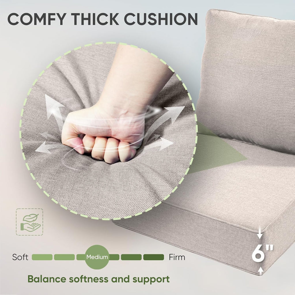 Outdoor Chair Cushions Set of 3, Waterproof 24x24 Patio Chair Cushion, 6" Thickened Seat Cushion for Outdoor Furniture, Couch Cushion Replacement, Include 3 Back & 3 Seat Cushions, Thick/Beige