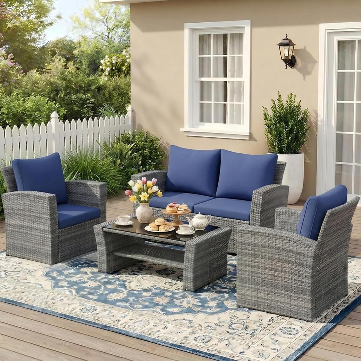 Wisteria Lane 4 Piece Patio Furniture Set, Wicker Outdoor Patio Conversation Furniture Set, All Weather Outdoor Patio Sofa with Cushion and Glass Table, Brown