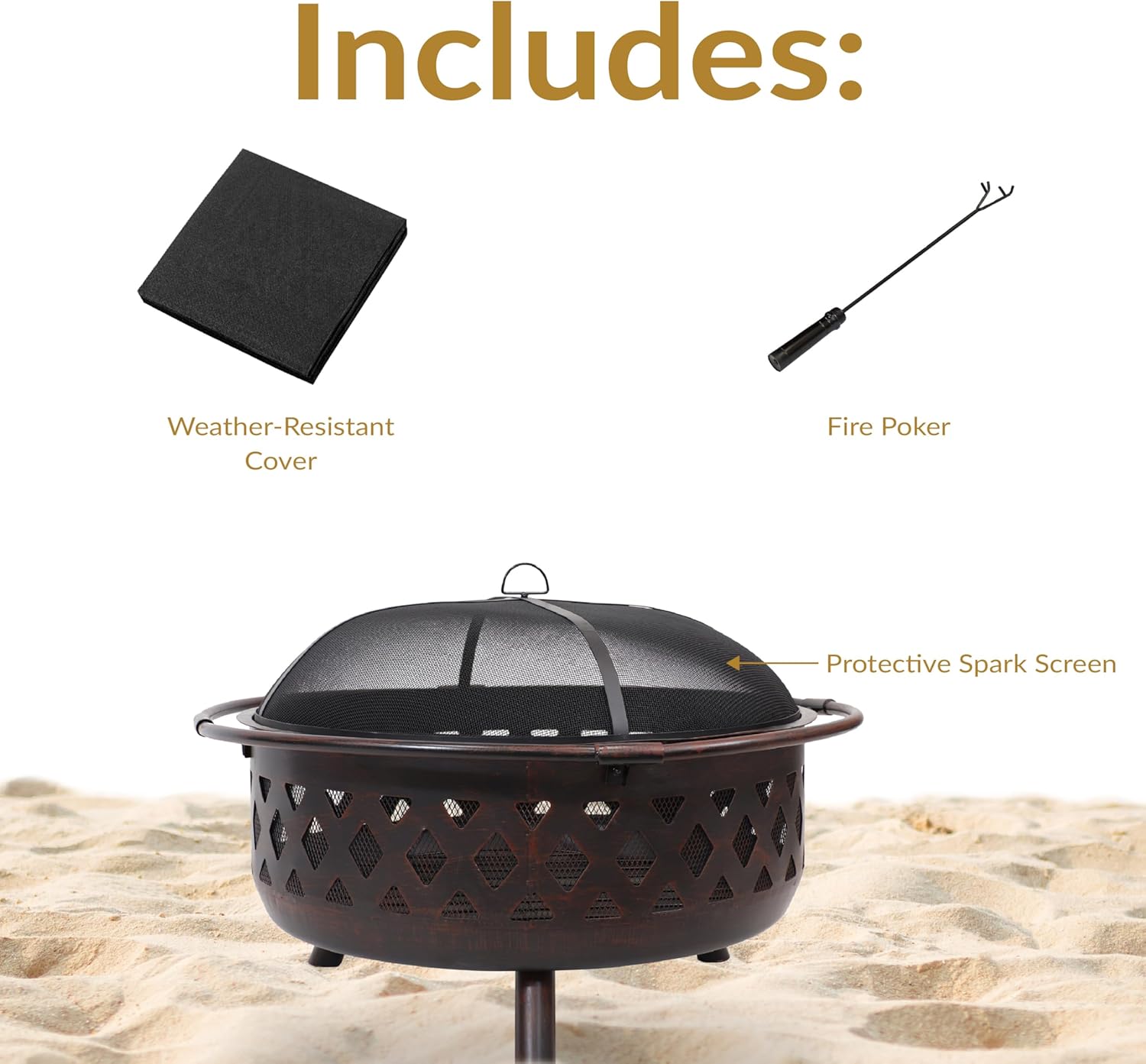 Sunnydaze Crossweave Outdoor Fire Pit - Wood-Burning Fire Pit for Outside with Spark Screen, Poker and Round Cover - 36-Inch - Bronze