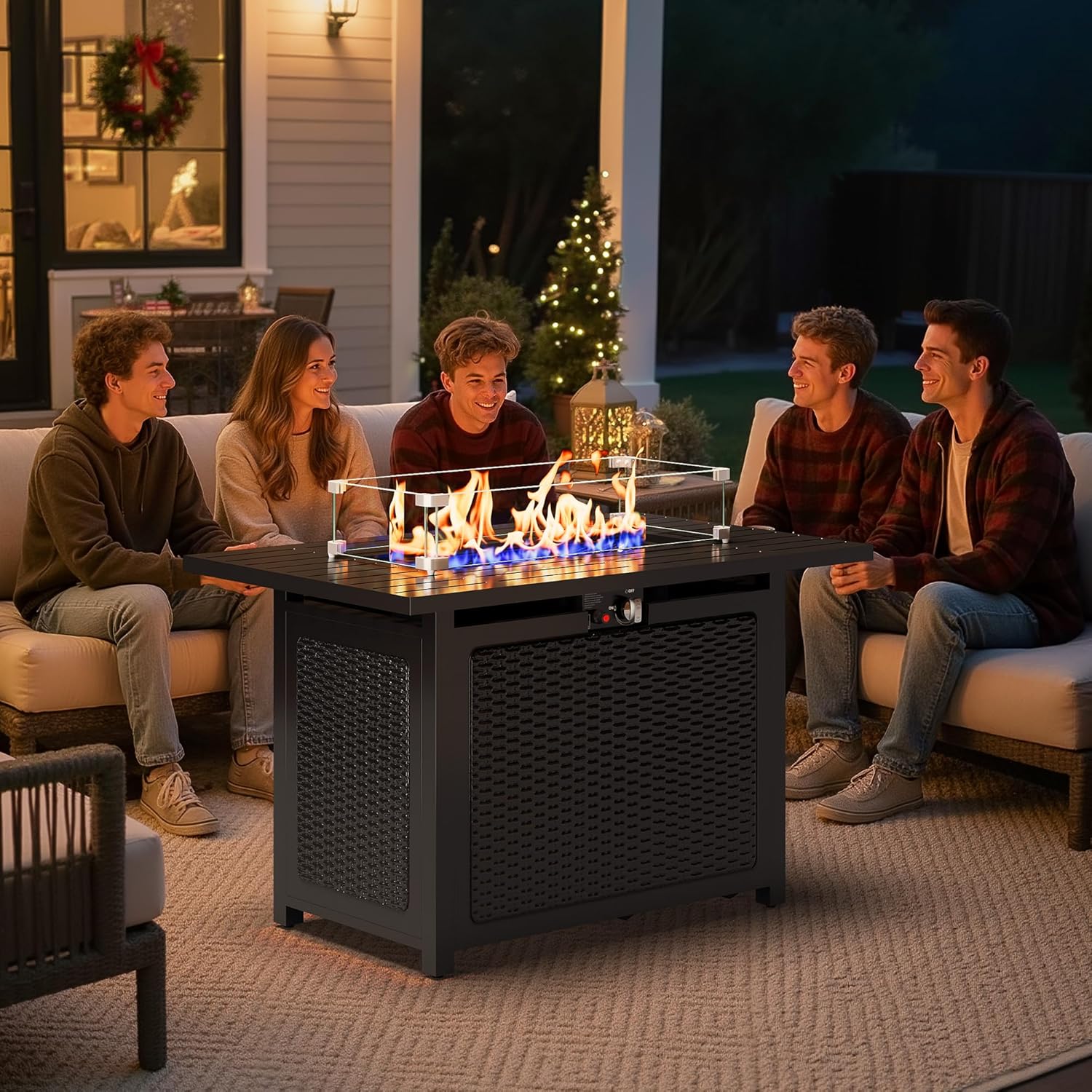 Royalcraft 43” Outdoor Propane Fire Table Set with Heavy-Duty Glass Stones, Glass Wind Guard, Lid & Water-Resistant Cover, 50,000 BTU Metal Fire Pit Table, Rectangle Fire Pit Table for Patio, Deck